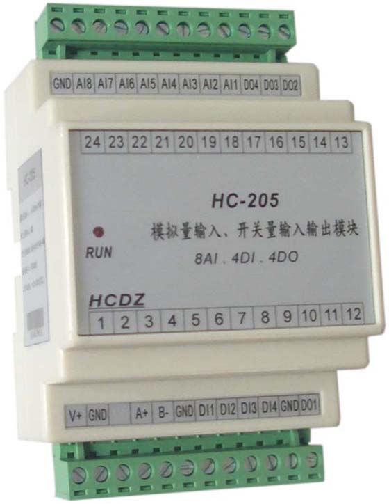 1.1、 简介 HC-205 模块可实现8路模拟量输入测量、4路开关量输入监测、4路开关量输出控制(三极管集电极开路输出)。通讯接口为1路RS-485口,MODBUS-RTU通讯协议。DC10~30V电源供电。 HC-205模块可应用于各种工业自动化测量与控制系统中。可测量压力、温度、电量等变送器输出的4~20mA或0~5V信号。开关量输出可控制继电器或指示灯输出,开关的状态信号可通过开关量输入返回到主机,开关量输入带计数功能,可作为脉冲计数输入。 1.